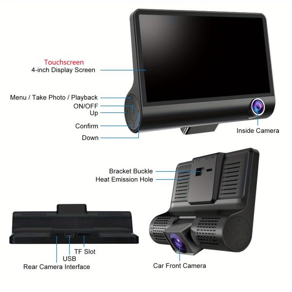 Front and Rear Triple Lens Dash Cam 1080P HD 4-inch touch screen wide-angle lens - Image 7