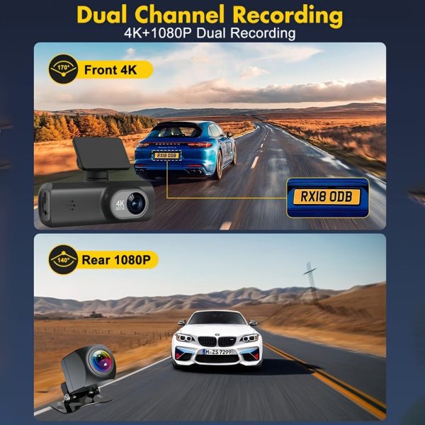 4K Front and Rear Dual Dash Cam WiFi GPS Car Camera with 64GB SD Card - Image 2