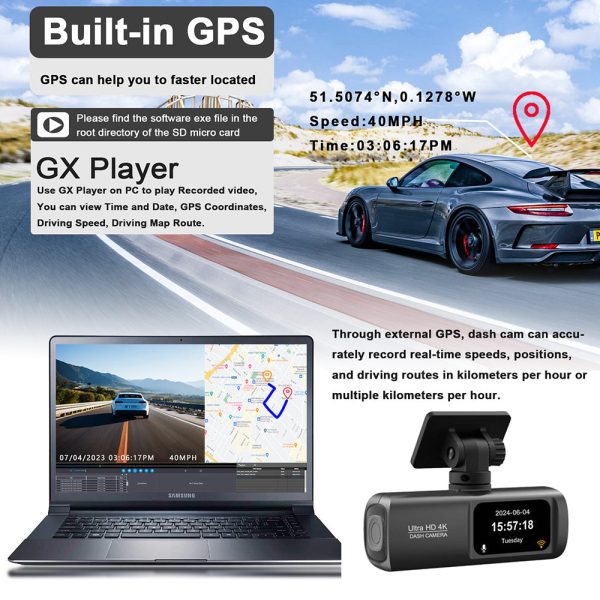 4K Front and Rear Dual Dash Cam WiFi GPS Car Camera with 64GB SD Card - Image 5