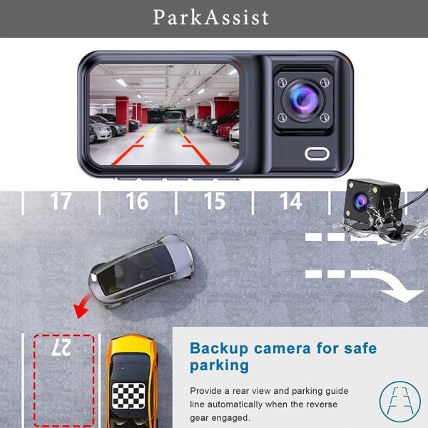 Front and Rear Triple Lens Dash Cam 1080P HD Three-Lens Driving Recorder Reversing Visual Recording - Image 4