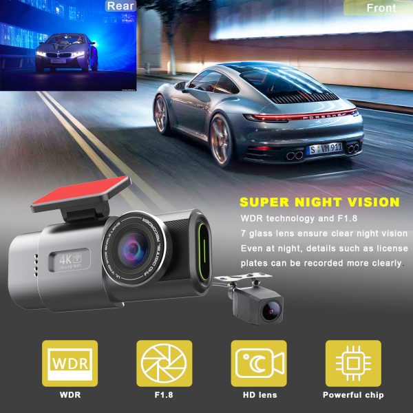 4K Dash Cam UHD 2160P WiFi Front Dashcam Night Vision Car Camera with 64GB Card - Image 6