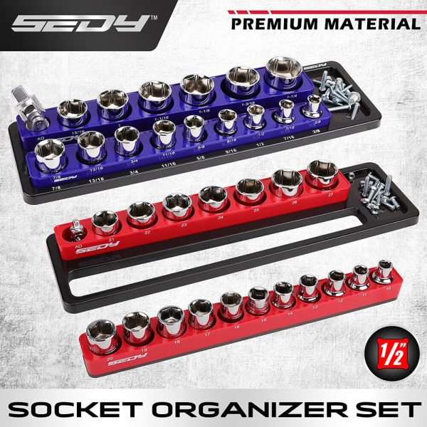 SEDY 2Pc Magnetic Socket Organizer 1/2 Drive Metric SAE Sockets Storage Holder - Image 2