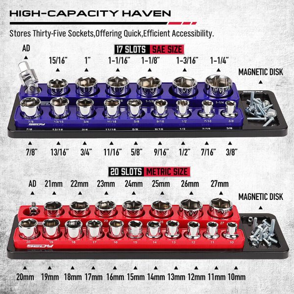 SEDY 2Pc Magnetic Socket Organizer 1/2 Drive Metric SAE Sockets Storage Holder - Image 7