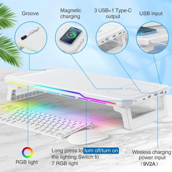 Usb Monitor Stand Riser with Type-c Ports - Wireless Charging White - Image 3