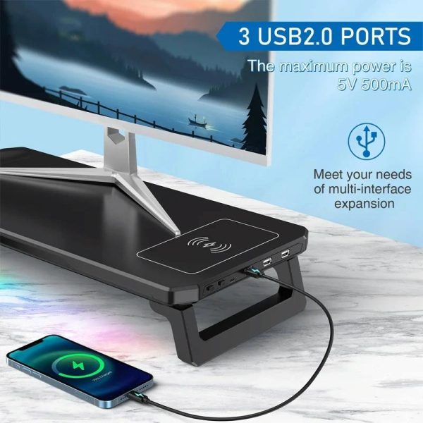 Usb Monitor Stand Riser with Type-c Ports - Wireless Charging White - Image 4