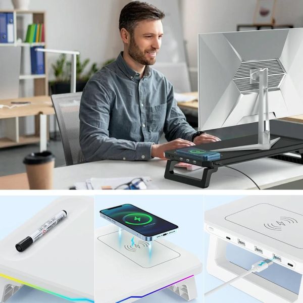 Usb Monitor Stand Riser with Type-c Ports - Wireless Charging White - Image 8