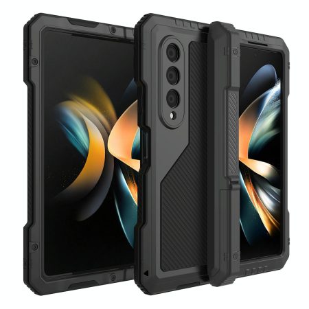 Waterproof Metal Phone Case with Folding Holder for Samsung Galaxy z Fold 4 - Black
