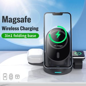 3 In 1 Magnetic Wireless Charging Bracket For Smartphone Iwatch Airpods - Black - Image 6