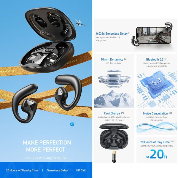 Wireless Tws Bluetooth Earbuds with Air Conduction Technology - Black - Image 4