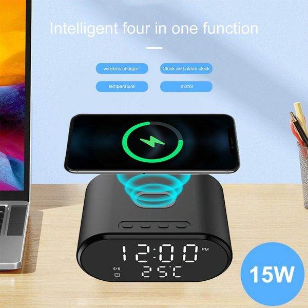 15W Wireless Charger With Mirror & Clock - Black - Image 7