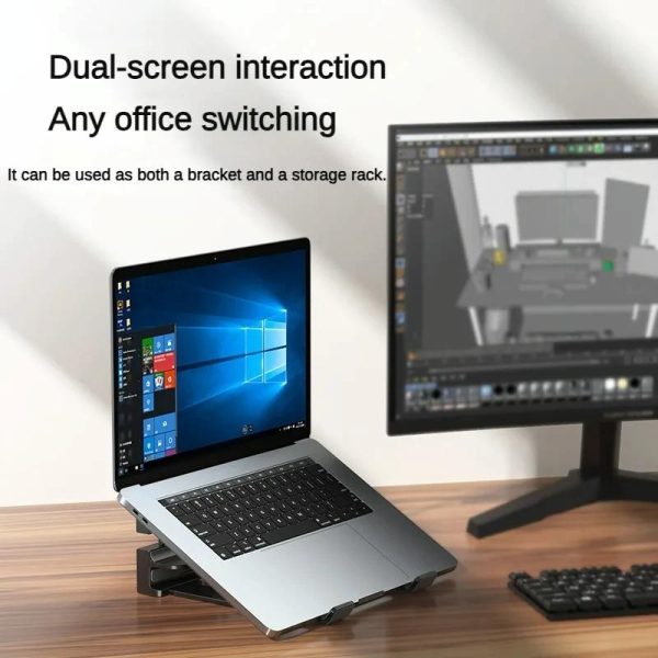 Versatile Laptop Stand with Storage and Cooling - Desktop Heightening Rack - Black - Image 4