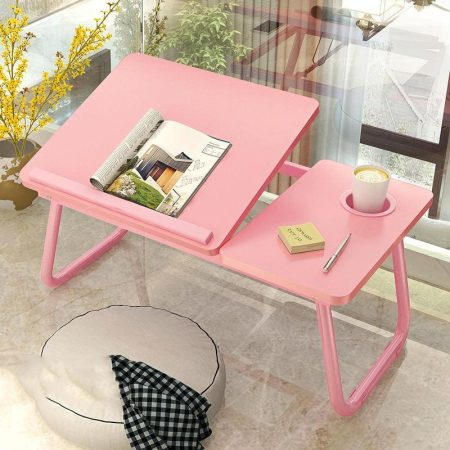 Adjustable Folding Laptop Desk with Cup Holder - Four-speed Lifting Table for Dorms - Pink
