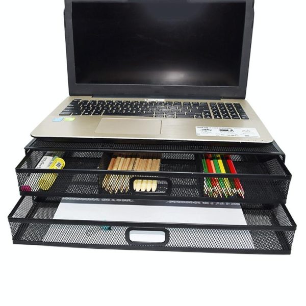 Double Iron Desktop Stand with Drawer for Height Increase and Storage - Black - Image 7