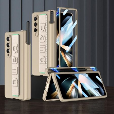 Samsung Galaxy z Fold 4 Shockproof Magnetic Fold Case with Wrist Strap - Gold