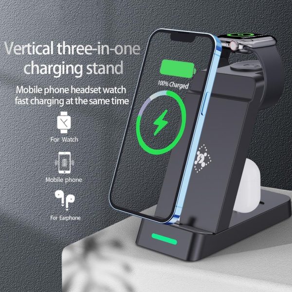 18W 3 In 1 Wireless Charger Stand For Iphone & Apple Watch - Black - Image 3