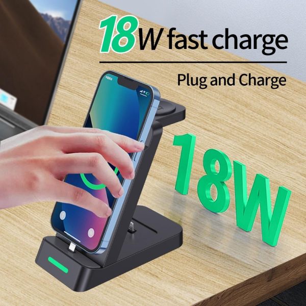 18W 3 In 1 Wireless Charger Stand For Iphone & Apple Watch - Black - Image 4
