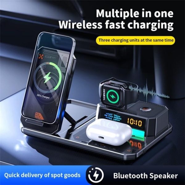 5 In 1 Magnetic Wireless Charger Stand With Clock & Speaker - Black - Image 3