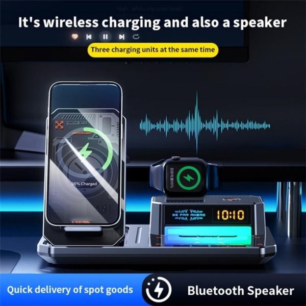 5 In 1 Magnetic Wireless Charger Stand With Clock & Speaker - Black - Image 5