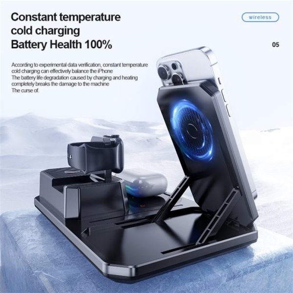 5 In 1 Magnetic Wireless Charger Stand With Clock & Speaker - Black - Image 6