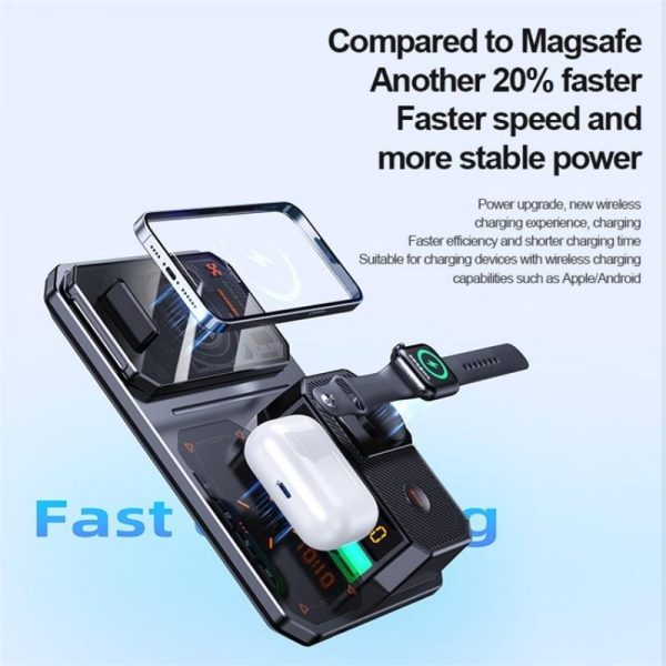 5 In 1 Magnetic Wireless Charger Stand With Clock & Speaker - Black - Image 7