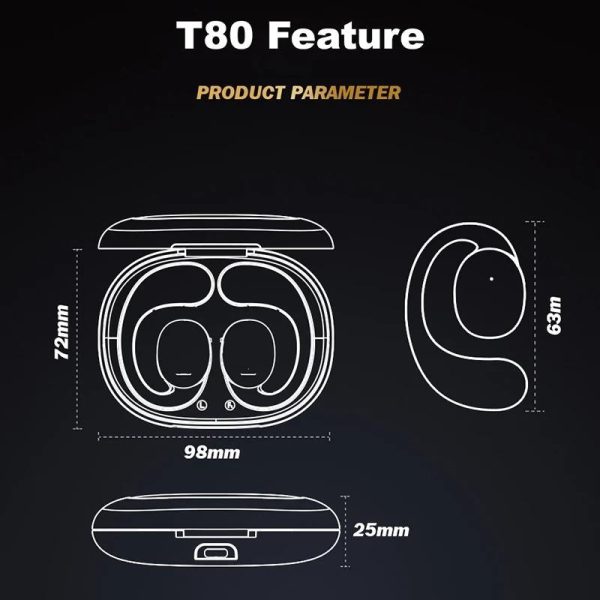 Black T80 Sport Tws Bluetooth Earbuds with Air Conduction - Image 6