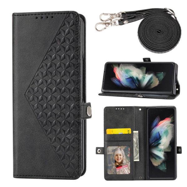 Leather Grid Texture Phone Case with Lanyard for Samsung Galaxy z Fold 4 - Black