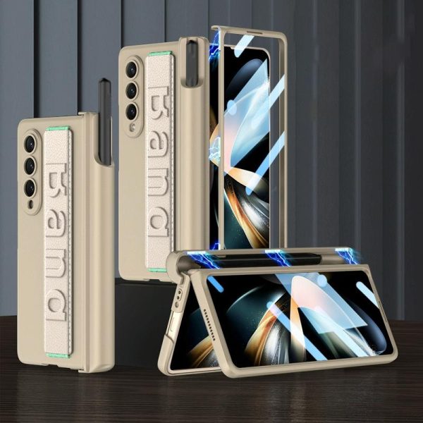 Foldable Phone Case with Magnetic Hinge and Wrist Strap for Samsung Galaxy z Fold 4 - Portable and Secure - Champagne Gold