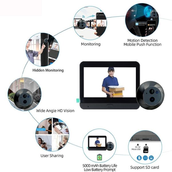 1080P Wifi Smart Cat Eye Video Doorbell - 4.3 Colour Screen - Hidden - Black - Image 7
