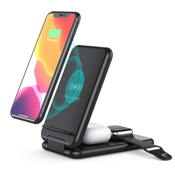 15W 3 In 1 Foldable Wireless Charger For Iphones Iwatchs Airpods - Black - Image 4
