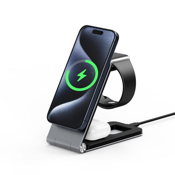 15W 3 In 1 Foldable Magnetic Wireless Charger Grey - Image 3