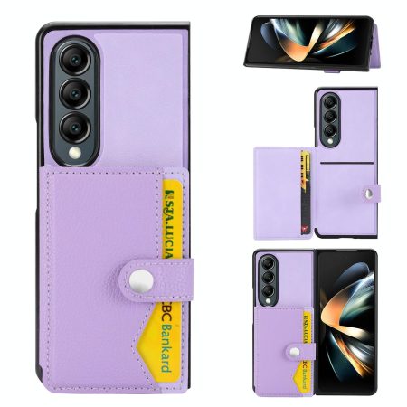 For Samsung Galaxy z Fold4 5G Litchi Pattern Single Button Card Holder Phone Case - Light Purple