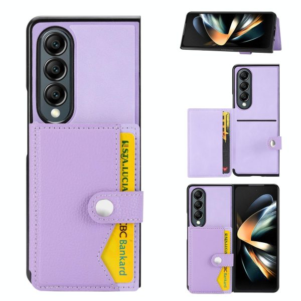 For Samsung Galaxy z Fold4 5G Litchi Pattern Single Button Card Holder Phone Case - Light Purple
