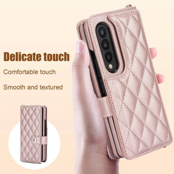 For Samsung Galaxy z Fold4 5G Multifunctional Rhombic Leather Crossbody Phone Case - White - Image 4