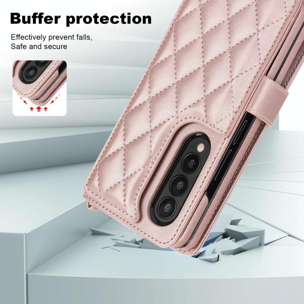 For Samsung Galaxy z Fold4 5G Multifunctional Rhombic Leather Crossbody Phone Case - White - Image 6
