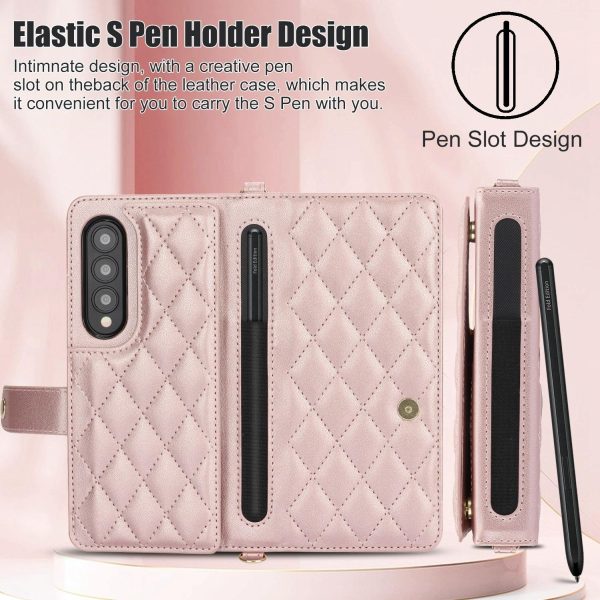 For Samsung Galaxy z Fold4 5G Multifunctional Rhombic Leather Crossbody Phone Case - White - Image 7