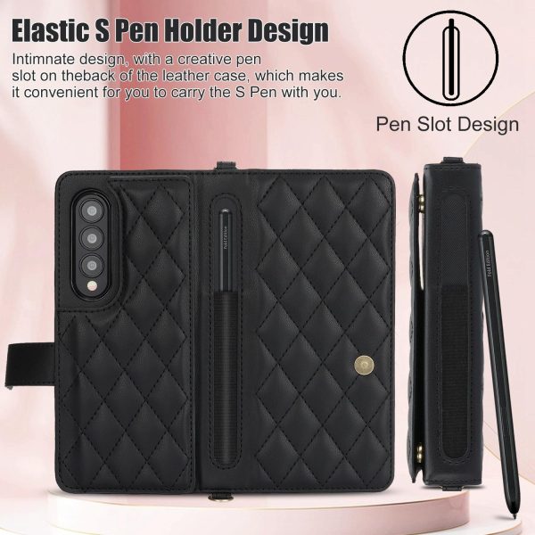 For Samsung Galaxy z Fold4 5G Multifunctional Rhombic Leather Crossbody Phone Case - White - Image 15