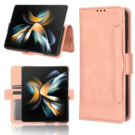 Samsung Galaxy z Fold 4 5g Leather Phone Case with Card Slots and Calf Texture - Pink