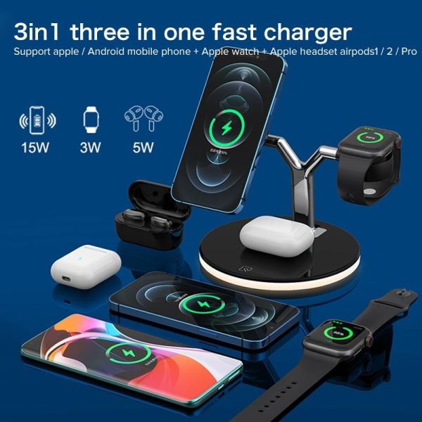 15W 3 In 1 Magnetic Wireless Charger For Phones Watches And Airpods With Led Light - Black - Image 9