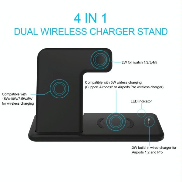 4 In 1 Wireless Charger Stand For Iphone Apple Watch Airpods Dual Phone Charging Black - Image 3