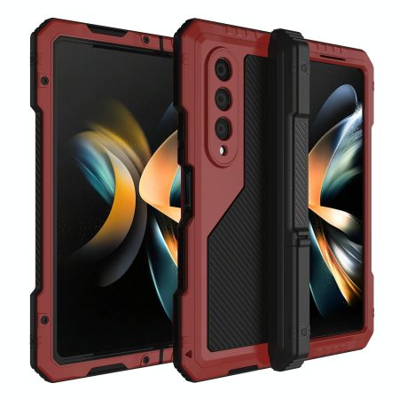 Waterproof Metal Phone Case with Folding Holder for Samsung Galaxy z Fold 4 - Red
