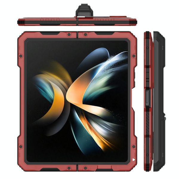 Waterproof Metal Phone Case with Folding Holder for Samsung Galaxy z Fold 4 - Red - Image 4