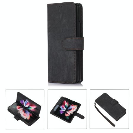 Samsung Galaxy z Fold 4 Leather Phone Case with Pen Slot - Horizontal Flip - Black