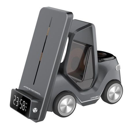 5 In 1 Car Desktop Alarm Clock With Wireless Charging - Gray