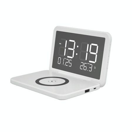 Foldable Desk Calendar Clock With Wireless Charger & Alarm - White