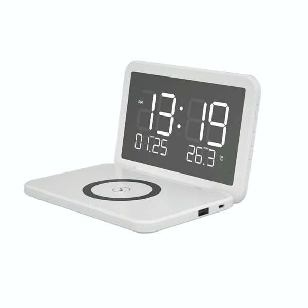 Foldable Desk Calendar Clock With Wireless Charger & Alarm - White