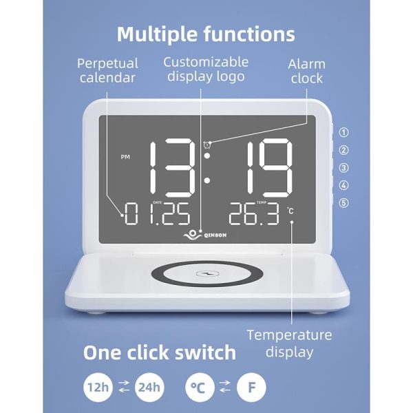 Foldable Desk Calendar Clock With Wireless Charger & Alarm - White - Image 5