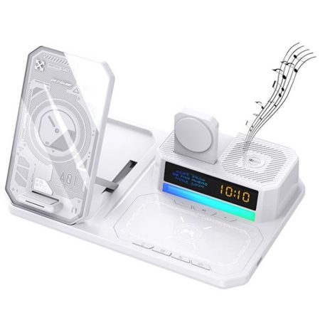 5 In 1 Magnetic Wireless Charger Stand With Clock & Speaker - White