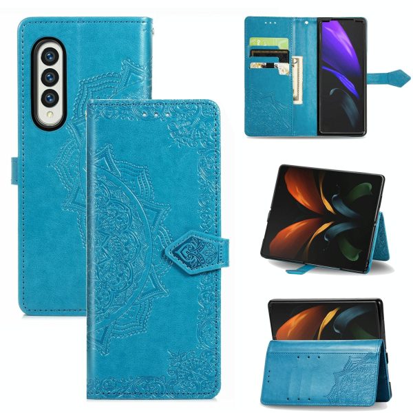 Embossed Mandala Leather Phone Case for Samsung Galaxy z Fold 4 - Blue