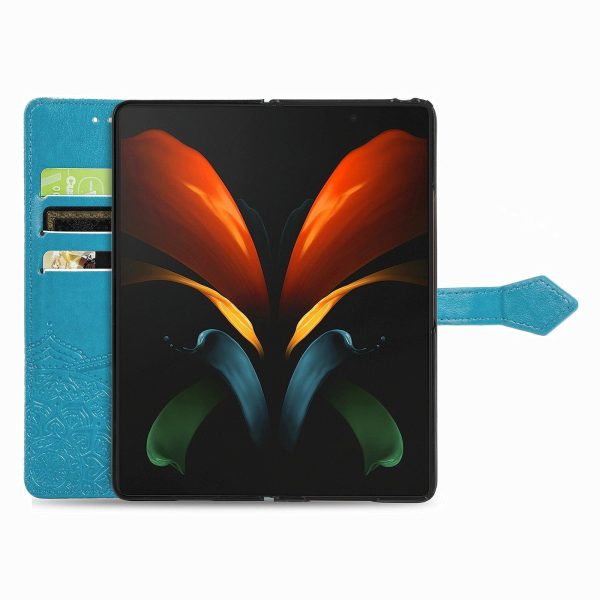Embossed Mandala Leather Phone Case for Samsung Galaxy z Fold 4 - Blue - Image 4