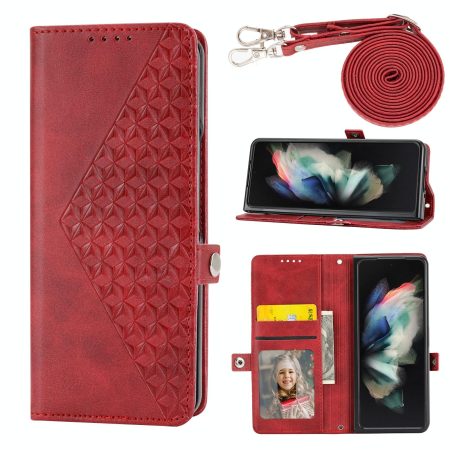 Leather Grid Texture Phone Case with Lanyard for Samsung Galaxy z Fold 4 - Red